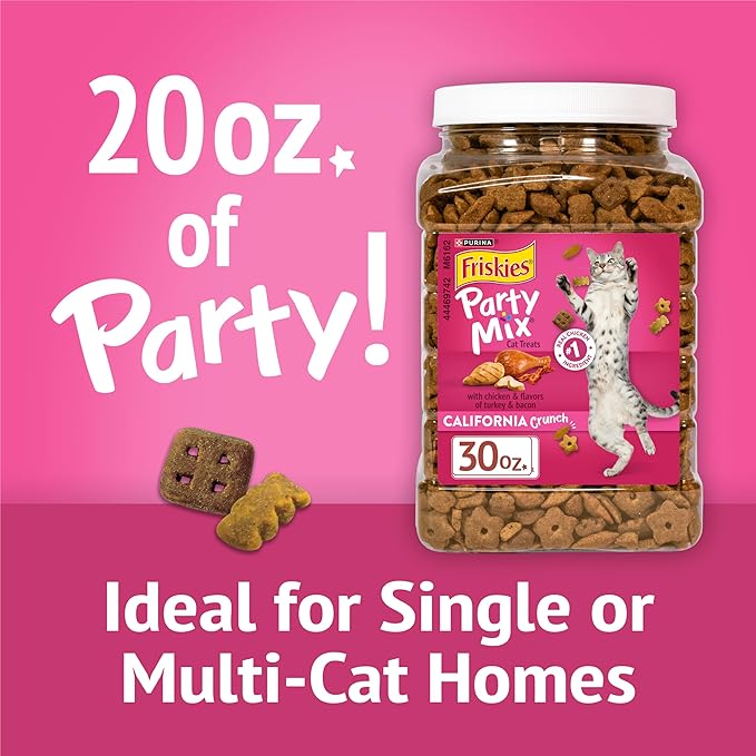 Purina Friskies Party Mix California Crunch with Chicken and Flavors of Turkey and Bacon Cat Treats - 20 oz Canister