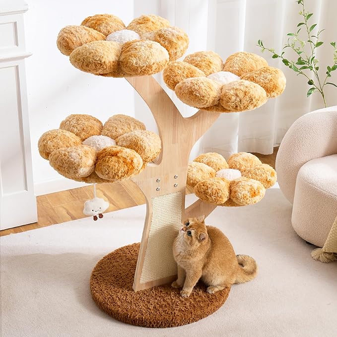 Aesthetic Flower Cat Tree Tower with Scratching Post for Indoor Cats, 48" Modern Cat Tree with Wood Sculpted Branch, Flower Cat Beds, Scratching Board & Interactive Squeaky Toy, Sunset Brown