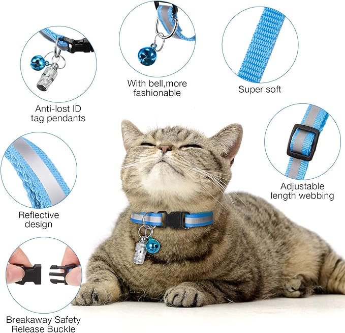 18 Piece Reflective Cat Collars with Bell Adjustable Durable Nylon Cat Collars with Safety Buckles and 6 Piece Weatherproof Metal ID Tags Pendant Anti-Lost ID Tags for Puppy Kittens