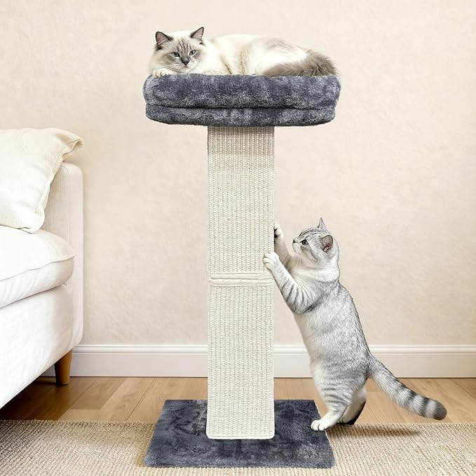 Cat Scratching Post, 32”Cat Scratcher with Large Plush Perch, Sisal & Carpet Scratching Post, Vertical Posts with Elevated Bed for Indoor Cats, Removable& Washable Cover, Grey