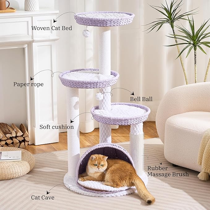 Wood Modern Cat Tree for Large Cat, 46" Tall Cat Tower with Scratching Posts, Cat Condo, Aesthetic Multi-Level Cat Climbing Tree with Hand-Woven Bed for Adult Indoor Cats-Purple