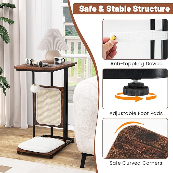 Giantex Cat Scratcher Side Table, C-Shaped End Table with Cat Scratching Board, Washable Cushion, Jingling Ball, Metal Frame, Couch Table Cat Tree Tower for Living Room Bedroom, Rustic Brown