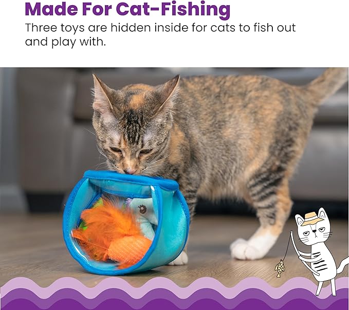 Catstages Hide & Seek Fish Bowl Interactive Cat Toy with Two Catnip Blend Toys, Blue