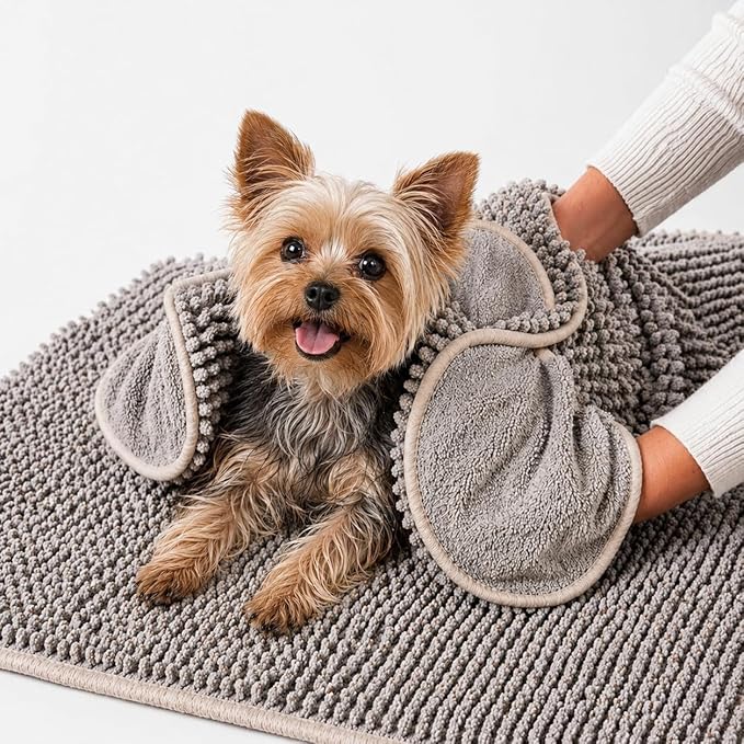 Pet 2-in-1 Dog Towel & Mat – Transforms from Drying to Bath Mat, Ultra Soft, Absorbent & Quick-Drying, Machine Washable Dog Towels with Detachable Non-Slip Mat and Hand Pockets (Small)