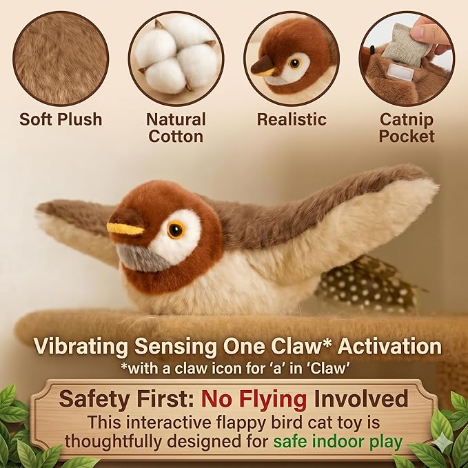 Flappy Bird Cat Toy – Interactive Flapping & Chirping Bird Toy for Cats (No Flying), Indoor Cat Toy for Exercise & Play, Durable Chew Toy, Catnip Toy for Kitten or Small Dogs (Large 9x3")