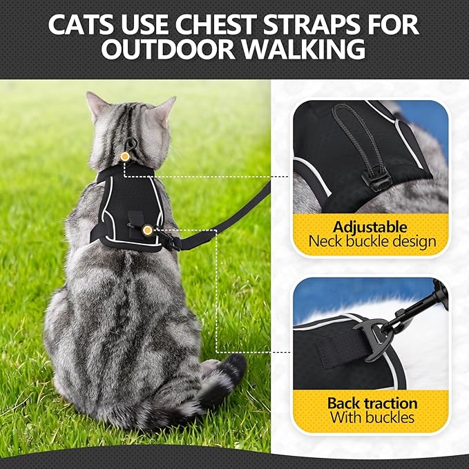 JOHNBOLIN Cat Harness and Leash Set - Escape Proof, Adjustable Breathable Vest Harnesses with Reflective Strips, Easy Control & Secure Walking for Small Medium Large Cats Kitten Collar (Black, Large)