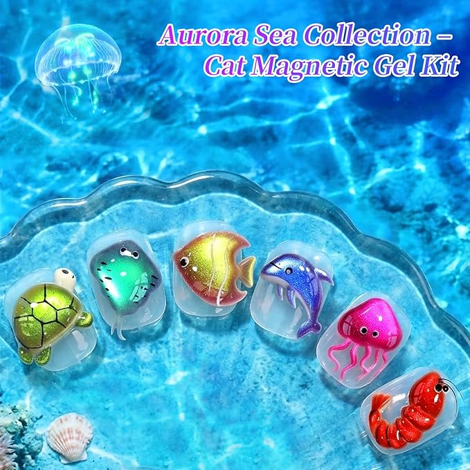 Born Pretty 15ML Spring Summer Cat Magnetic Eye Gel Nail Polish Set, 6 Colors Green Sea Blue Purple Bright Pink Burgundy Glitter Auroras Magnetic Gel Polish Jellyfish Effect 0.5 Fl.Oz