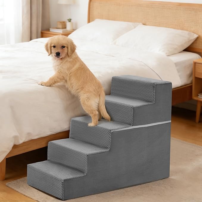 NEWBULIG 5-Step Dog Stairs, 22.5" H Dog Steps for High Bed, Non-Slip Sturdy Pet Steps for Small Dogs and Cats, Pet Ramp for Sofa and Chair Indoor(Grey)