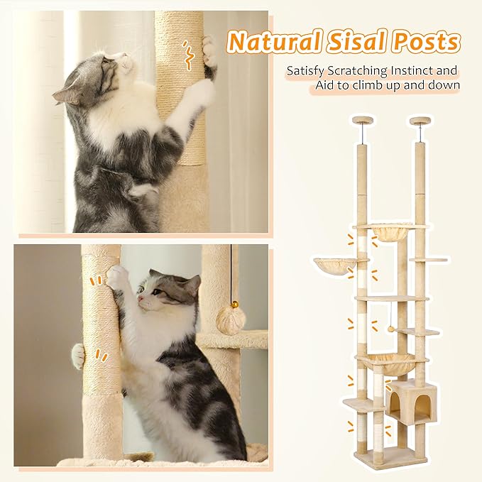 Floor to Ceiling Cat Tree Corner Cat Tower with Adjustable Height 88.9-109 inches (226-279cm) with Large Hammocks,Condo,Multi Platforms and Scratching Post for Indoor Cats-Beige Dual Posts