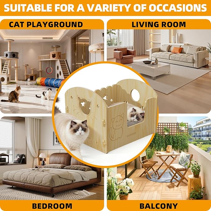 Solid Wooden Semi-Enclosed Cat Bed with Cartoon Carving Craft, Space-Saving for Small Apartments, Studios & Rental Homes, Modern Nordic Cat Furniture for Indoor Cats & Kittens