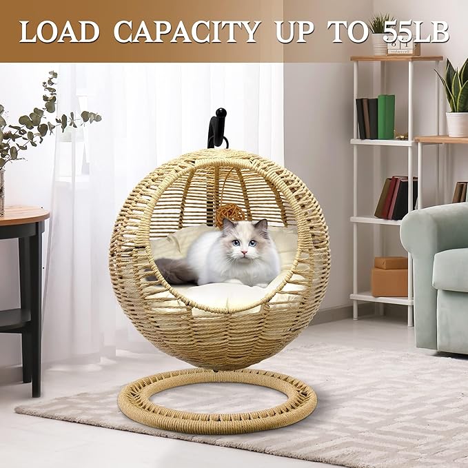 BROWN-BROWN Handmade Wicker Hanging Cat Bed – Swinging Egg Chair with Removable Cushion & Hanging Ball, Cozy Cat Hammock for Bedroom & Living Room