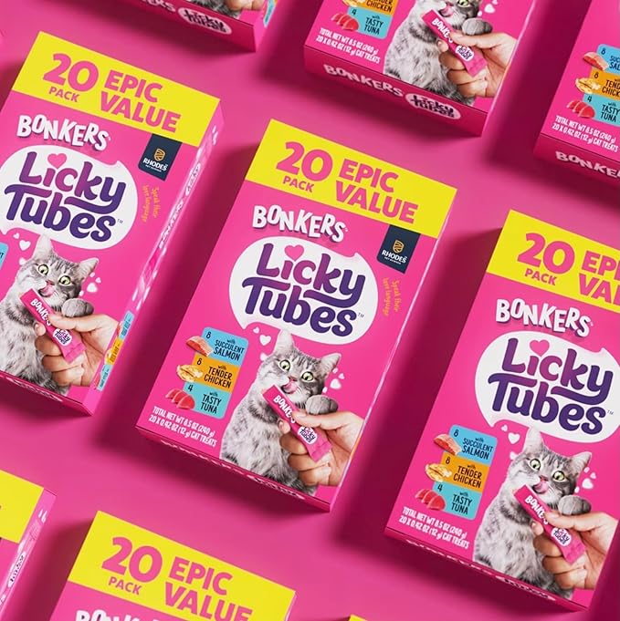 Bonkers Licky Tubes Chicken,Tuna and Salmon Flavored Lickable Cat Treats, 20 Count (8 Chicken, 4 Tuna, 8 Salmon) with Cat Spring Toys Bundle Pack