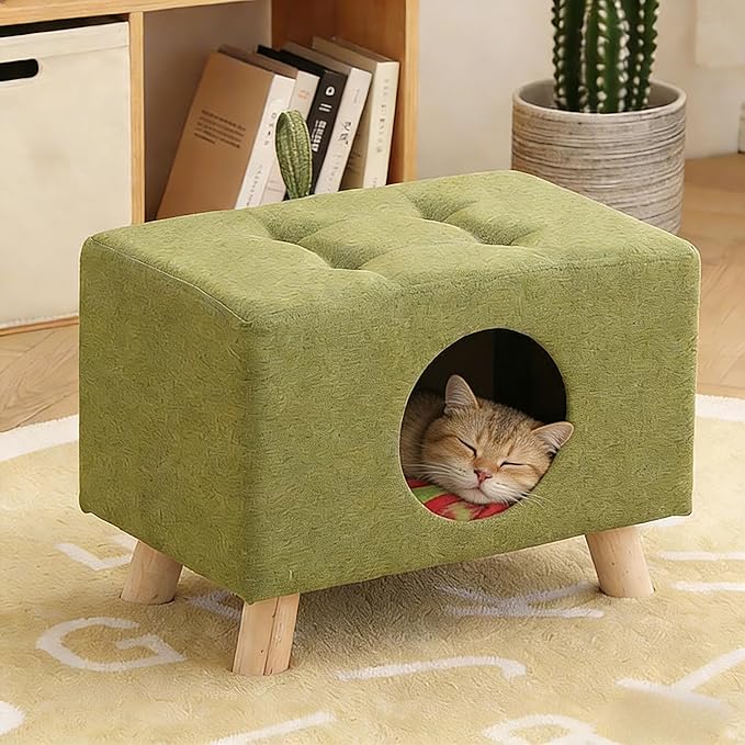 2-in-1 Cat Bed Stool, Semi-Enclosed Cat Cave Pet Bed for Indoor Cats & Small Dogs, Sturdy Wooden Legs, All-Season Cat House with 7.1” Entrance, Warm Winter Cat Furniture (Green)