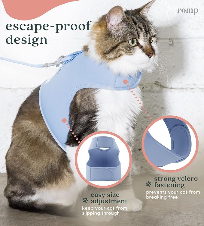 Cat Harness, Collar & Leash Set - Escape Proof Adjustable Choke Free Velcro Harness Vest for Walking Cats & Kittens (Cotton Blue, Large)