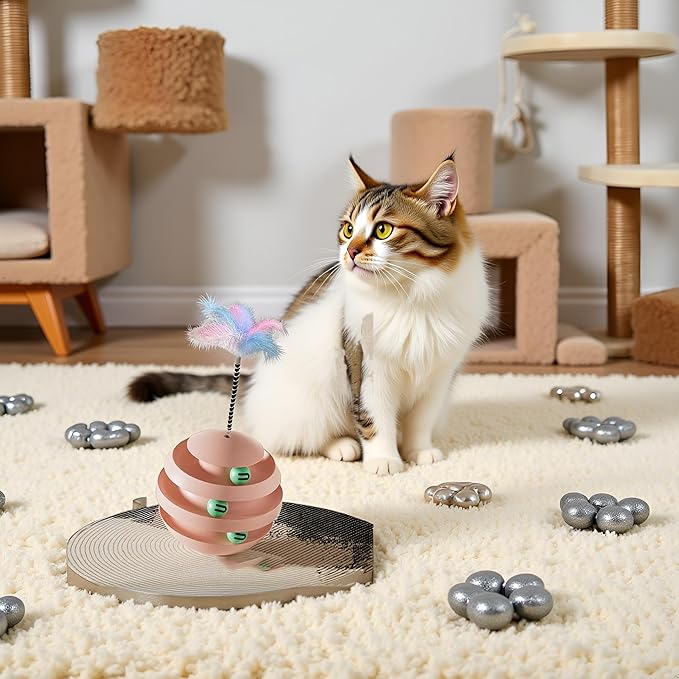 Interactive Cat Toy, Automatic Spinning Cat Toy for Indoor Cats, Engaging Kitten Toy with Feather for Exercise & Mental Stimulation, 3-Layer Cat Ball Track Durable Safe Toy to Reduce Boredom(pink)
