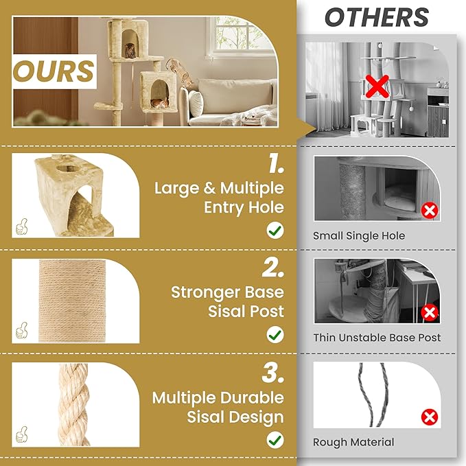 59in Large Cat Tree Tower for Indoor Cats with Soft Plush Hang Ball, Two Condos, Sisal Scratch Posts & Rope Play for Kittens/Adult Cats, New Beige