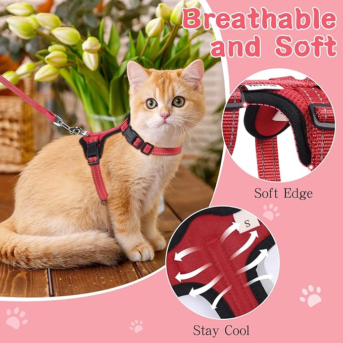 Cat Harness and Leash Set for Walking,Adjustable Escape Proof Kitten Harness and Leash with Reflective Strips,Easy to Wear Soft Breathable Harness for Cats Puppy Bunny Dogs Red