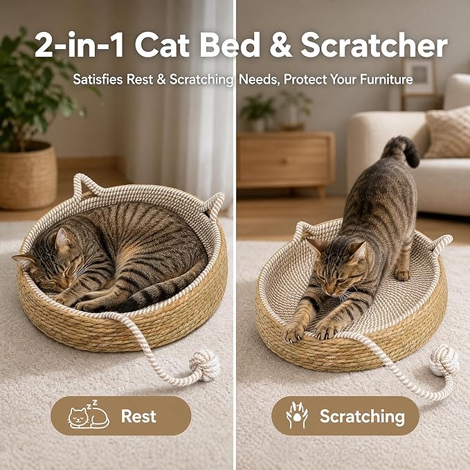 Handwoven Cat Basket Basket with Cotton Rope Liner Cat Ear Design Round Cat Scratcher Bed with Interactive Toy Ball Breathable All Season Scratch-Resistant Woven Cat Bed for Indoor Cats All Breeds