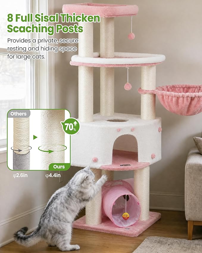 Cat Tree Tower for Large Cats Adult - 60 Inch XXL Sturdy Heavy Duty Extra Wide Scratching Posts (φ4.4in) Condo - Indoor Big Cat House Hammock Perch - XL Wood Multi Level Feline Pet Bed Trees Houses