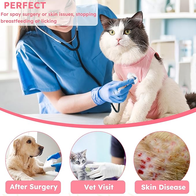 Hpetppy Cat Recovery Suit, Breathable Cat Surgery Recovery Suit Female, Cat Onesie for Cats After Surgery Spay Surgical Abdominal Wound Skin Diseases Cone of Shame Alternative (Pink,S)
