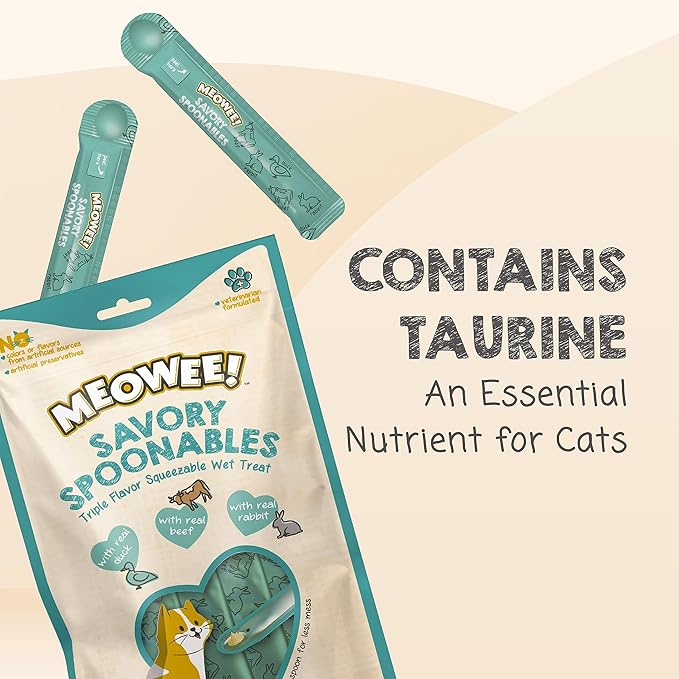 MEOWEE! Savory Spoonables with Real Duck, Beef & Rabbit, 8 Count Tube, Triple Flavor Squeezable Lickable Wet Treats for Cats with Built-in Spoon for Less Mess