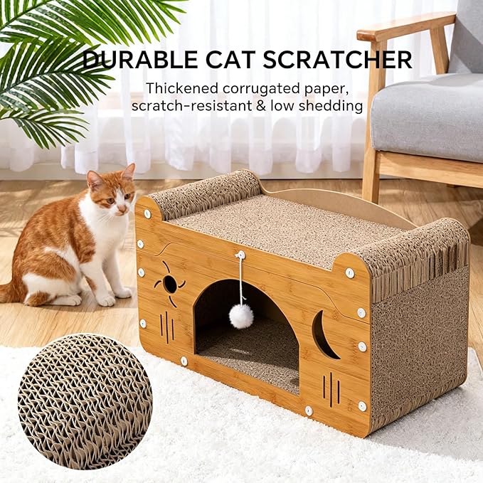 Wooden Cat Scratching House: 3-in-1 Cave, Bed, and Toy Hideaway - – Durable Indoor Hideaway Furniture for Cats & Kittens