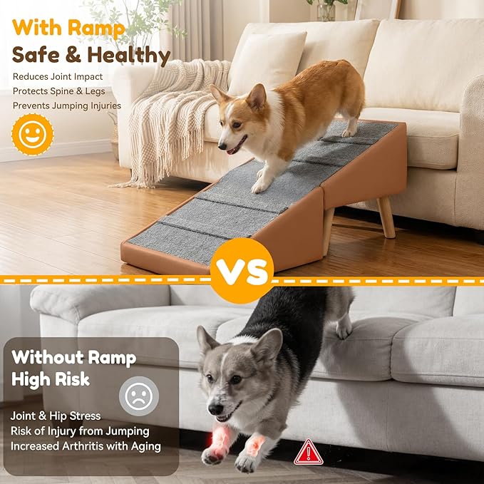 Dog Ramp & Stairs for Couch Sofas, 18.5" Extra Wide Pet Steps for Small Dogs, 15.7" H 3-in-1 Foldable Ottoman & Hidden Storage Design, Non-Slip Dog Ramp for Senior & Injured Pets (Camel)