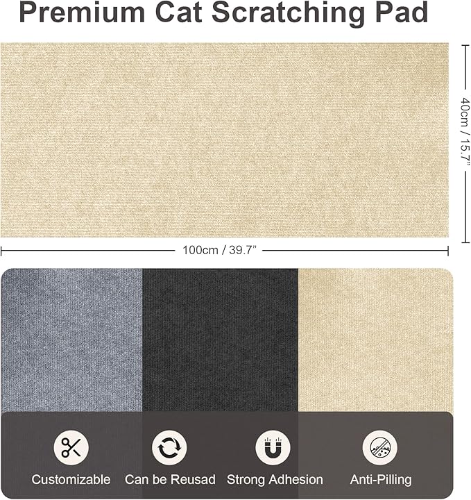 Cat Scratch Furniture Protector, 39.7"x15.7" Trimmable Self-Adhesive Cat Scratching Mat, Corner Couch Protector from Cat Claws, DIY Anti-Scratch Pad Rug for Sofa, Wall, Floor & Door, Beige
