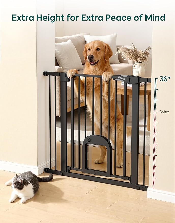 Babelio 36" Tall Upgraded Baby Gate with Cat Door,29-43" Auto Close Durable Dog Gate for Stairs,Doorways and House,Easy Walk Thru,Includes 4 Wall Cups,Black
