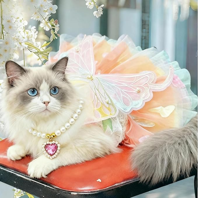 Cat Princess Dress for Small Cats with Necklace, Dogs Lace Wedding Tutu Puppy Butterfly Skirt for Pup Birthday Party