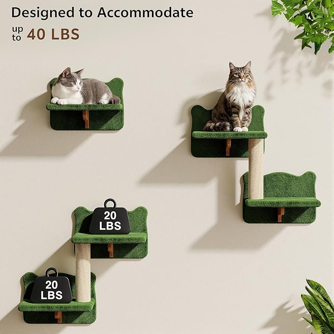 Cat Wall Shelves, Wall Mounted Cat Shelf Furniture with Plush Fabric(16 Piece Set), Cats Furniture with 40''L Tunnel, Condos, House, Steps, Bridge Ladder and Scratching Post, Green