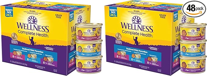 Wellness Complete Health Pate Adult Wet Cat Food,Natural,Protein-Rich,Grain-Free,3 Ounce,(Seafood Favorites Variety Pack),(Pack of 48)