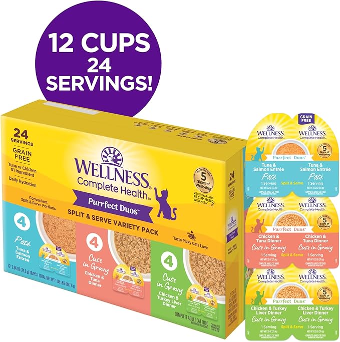 Wellness Complete Health Purrfect Duos Variety Pack Adult Wet Cat Food, Natural, Protein Rich, Grain Free, Pate and Gravy Recipes, 2.64 oz, Pack of 12 Split Cups