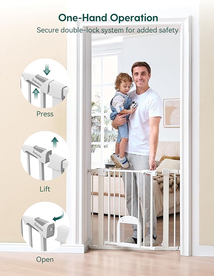 Babelio 36" Tall Upgraded Baby Gate with Cat Door, 29-43" Auto Close Durable Dog Gate for Stairs, Doorways and House, Easy Walk Thru Safety Gate with Pet Door Includes 4 Wall Cups, White