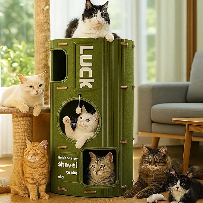3-Tier Felt Cat House & Tunnel Bed for Indoor Cats – Enclosed Felt Cat Cave Condo with Plush Ball & Cushion – Cozy Hideaway Nest & Cat Furniture, Large Covered Casa para Gatos