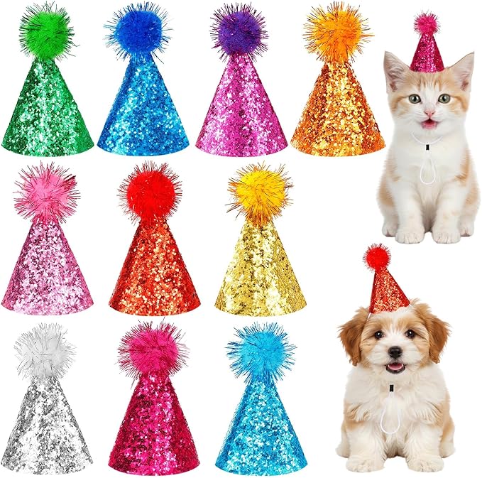 10Pcs Small Dog Party Hats with Sequins, Cats Adjustable Holiday Hats, Puppy Paper Hats for Birthday, Mini Party Hats for Stuffed Animals, Glitter Birthday Party Hats with Pom Poms for Pets