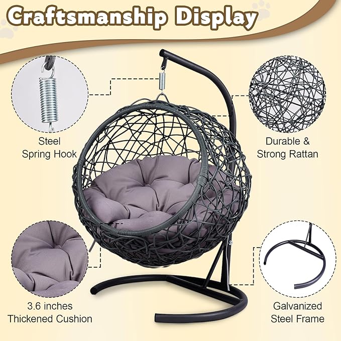 Hanging Cat Swing Bed with Stand & Cushion – Rattan Wicker Egg Chair for Cats, Small Dogs & Pets, Indoor Swinging Bed, Cozy Resting Spot, Modern Design (Gray+ HDPE)