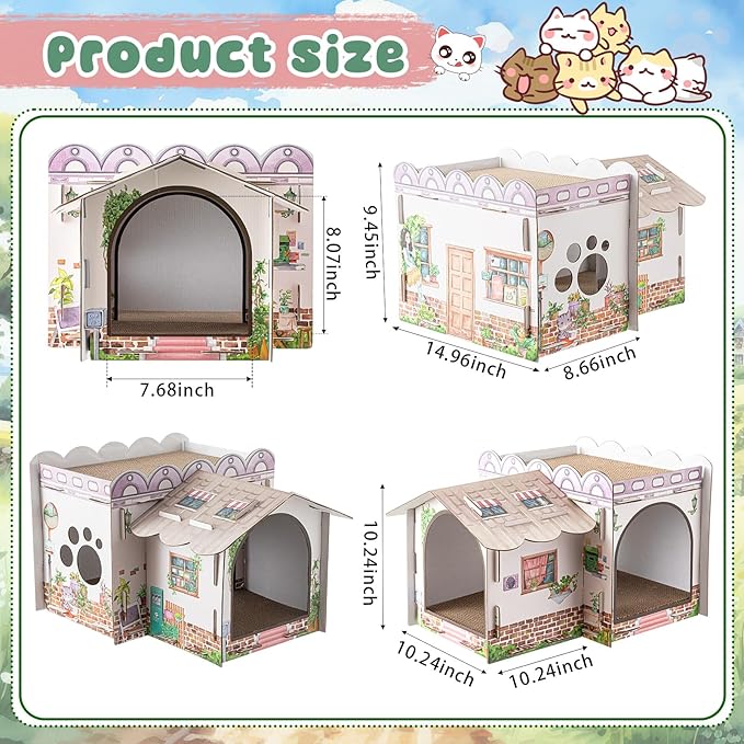 Lineshading 2 Story Cardboard Cat House with Scratcher Pad, Multi Level Durable Cat Scratcher House for Small Kitten Bunny Rabbit Animals Christmas Birthday Gift(17x12x10,Cottage)
