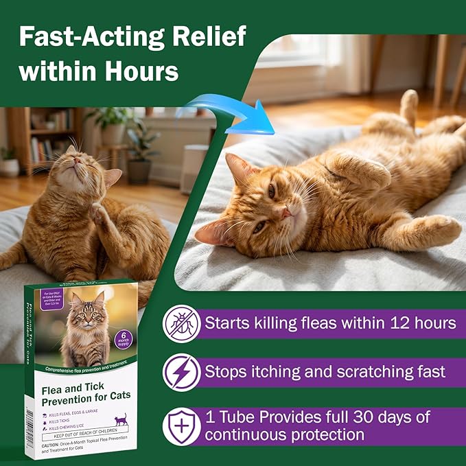 Flea and Tick Prevention for Cats & Kittens - Topical Waterproof Cat Flea and Tick Treatment – Fast-Acting & Long - Control for Cats Over 1.5 lbs and 8 Weeks or Older Supplement– 6-Dose Supply