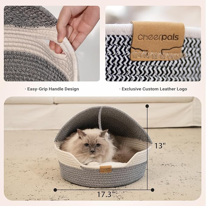 CHEERPALS Cat Basket Bed with Washable Cushion and Ball Rope Cotton, Covered Pet Bed for Indoor Cats Cave Bed Hooded, Stimulicat Cat Bed Handwoven Breathable, All Season Universal(Blue)