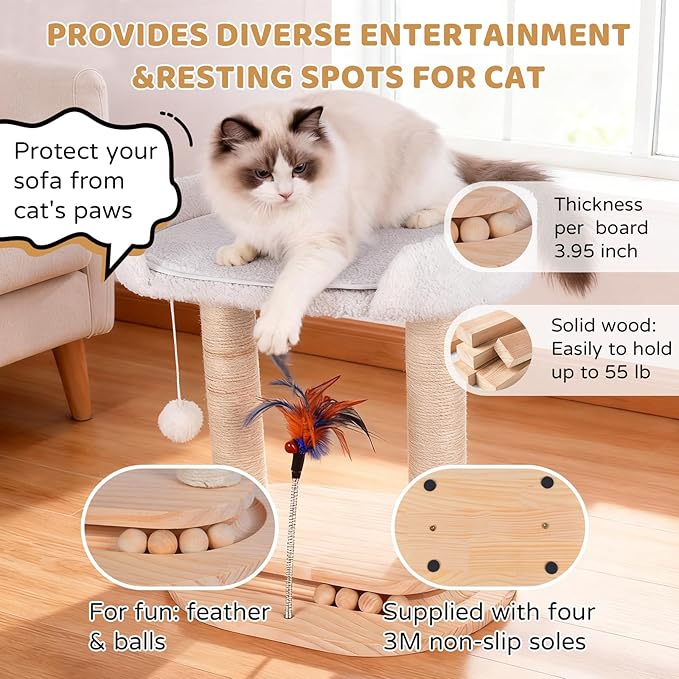 5-in-1 Small Wooden Cat Tree Tower,16.5''H Natural Sisal Cat Scratching Post Climbing Tower with Bed,Interactive Cat Feather Toy,Ball Track Toy for Kittens and Indoor Cats,White