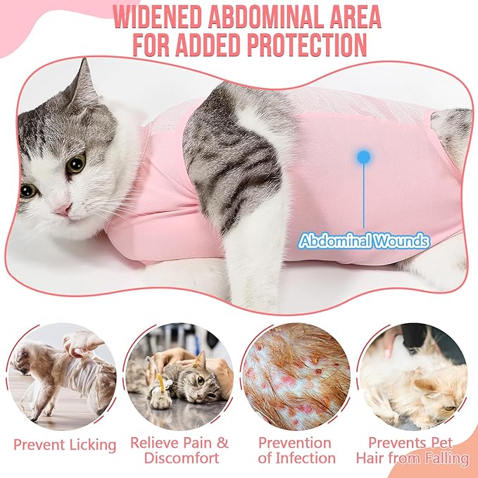 SlowTon Cat Recovery Suit - Cat Onesie for Cats After Surgery Female Male, Kitten Clothes Cats Surgical Spay Suit Abdominal Wounds, E-Collar Alternative Bodysuit Anti-Licking (Light Pink, L)