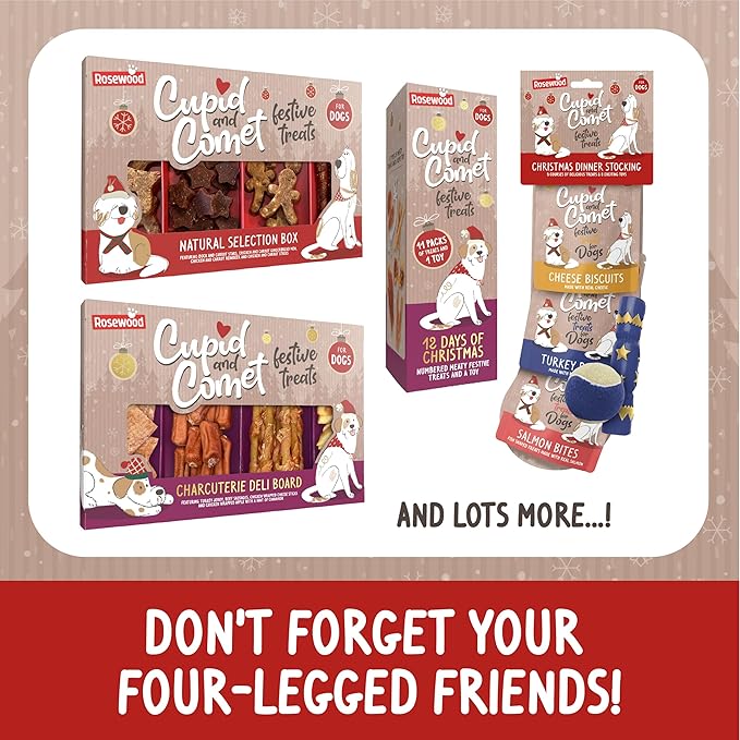 Rosewood Cupid and Comet Christmas Dinner Cat Stocking, Including: 1 x 40g Cheese Stick, 1 x 40g Turkey Strip, 1 x 40g Salmon bite cat Treats, 2 x Catnip Mouse cat Toys.