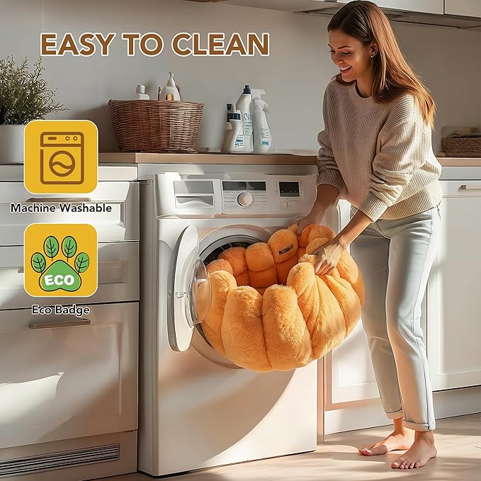 PETNOVO Pumpkin Cat Bed, Plush Donut Cuddler with High Bolster, Non-Slip Cozy Pet Nest for Indoor Cats up to 13 lb and Small Dogs, 20L x 20W x 12H Inch, Pumpkin Yellow