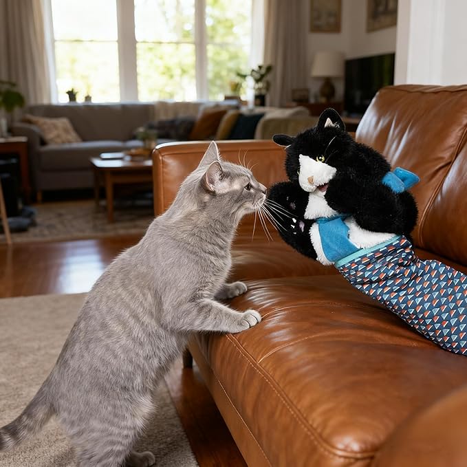 Kitty Karate Cat Wrestler Puppet with Protective Forearm Sleeve, Karate Kitten Glove Interactive Arm Wrestling Puppet Toy, Realistic Movements, Soft Plush for Kittens & Cats (Black)