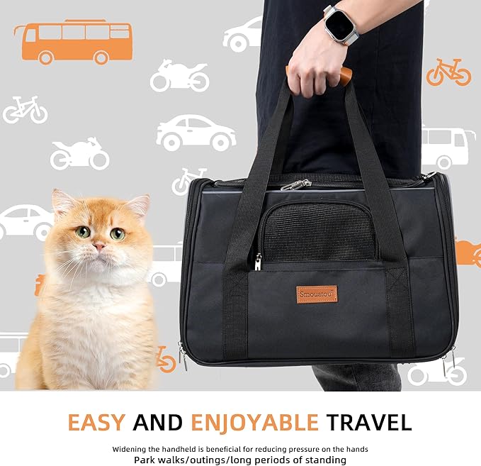 SMOUATOU Cat Carrier, Dog Carrier, Cat Bag Carrier, Cat Travel Carrier, Soft-Sided and Scratch-Proof mesh Cat Bag Pet Carriers, Travel Puppy Carry, Pet Home(Black)
