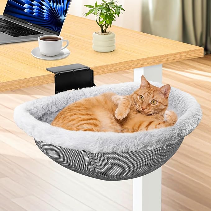 Stable Cat Desk Bed with Heavy-Duty Clamp | Sunken Hammock Design & Faux Rabbit Fur for Comfort, Removable & Washable Bed, Holds Up to 40lbs, Space Saving Cat Perch for Home Office