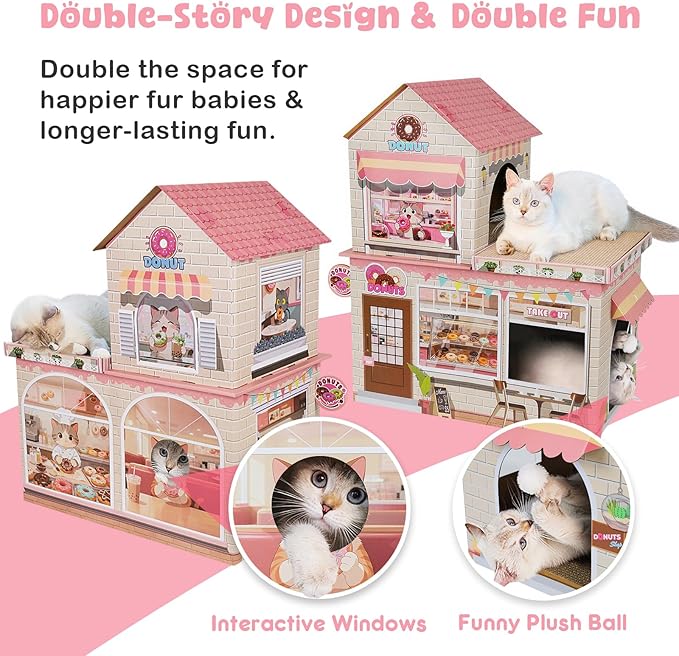 Cardboard Cat Houses for Indoor Cats - Kitten Scratcher Houses & Condos, Donuts Themed Hut Hideout Play House Bed with Scratching Pads, Scratch Box for Large Kitty Rabbit Bunny Small Animals