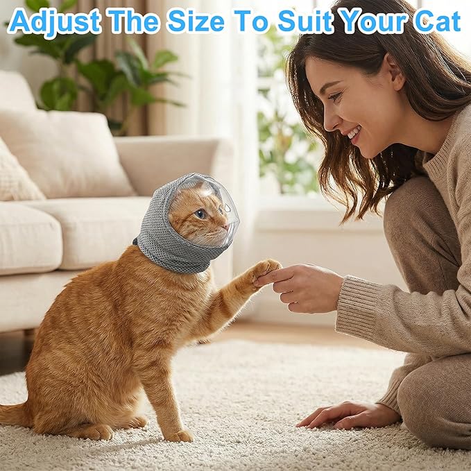 CIATBYYJ Adjustable Cat Muzzle for Grooming, Breathable Cat Pet Head Cover, Transparent Anti-Bite Cats Mask Helmet for Nail Trimming Bathing Vet Visits(M)