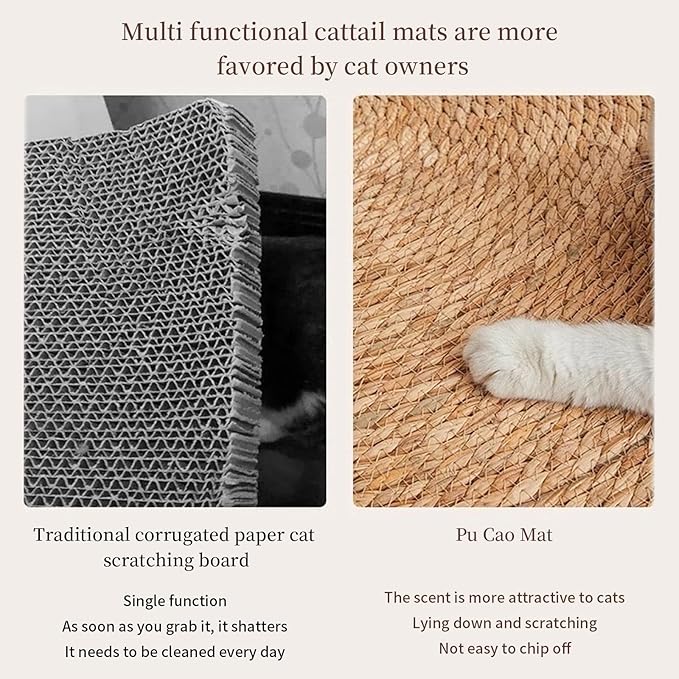 9.8In Cat Scratcher Pad - Hand-Woven Natural Cattail Mat, Spiral Texture Cat Scratching Pad for Kittens/Small Cats, Cat Scratch Furniture Protector